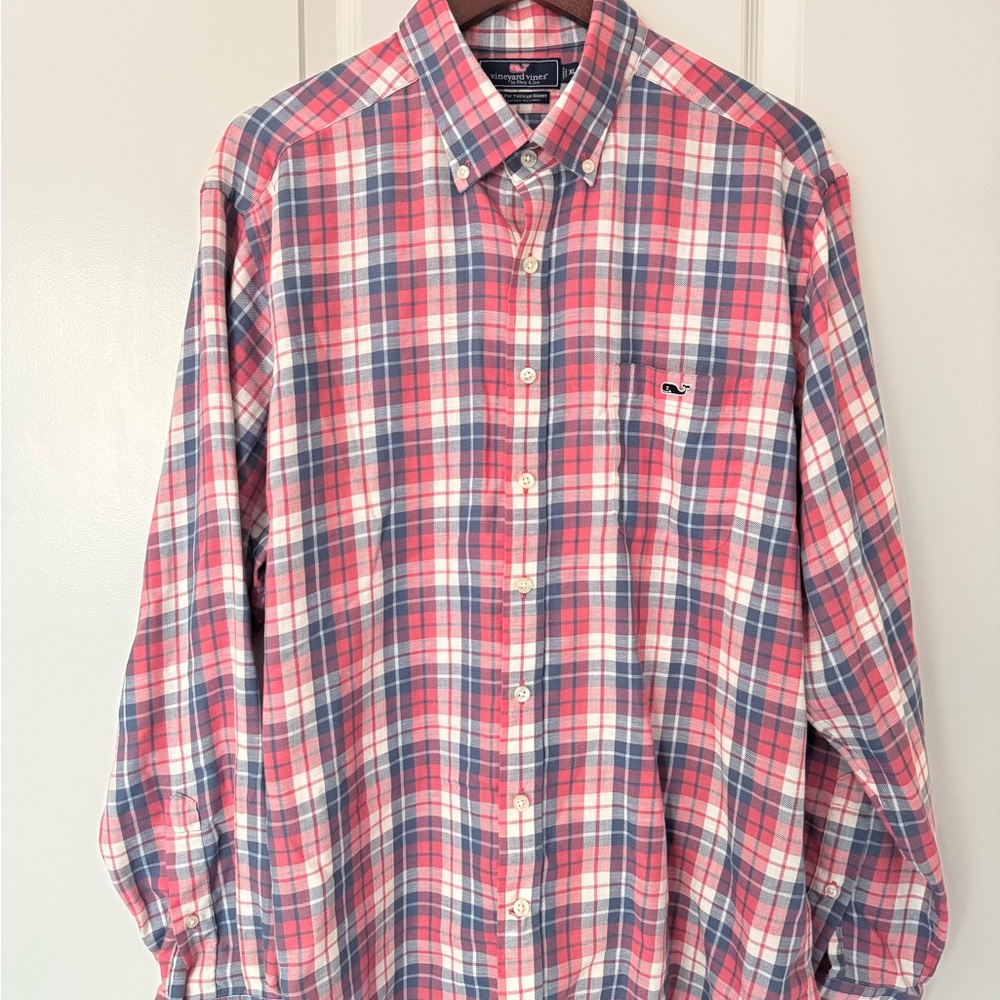 Vineyard Vines Men's Red and Blue Plaid Shirt
